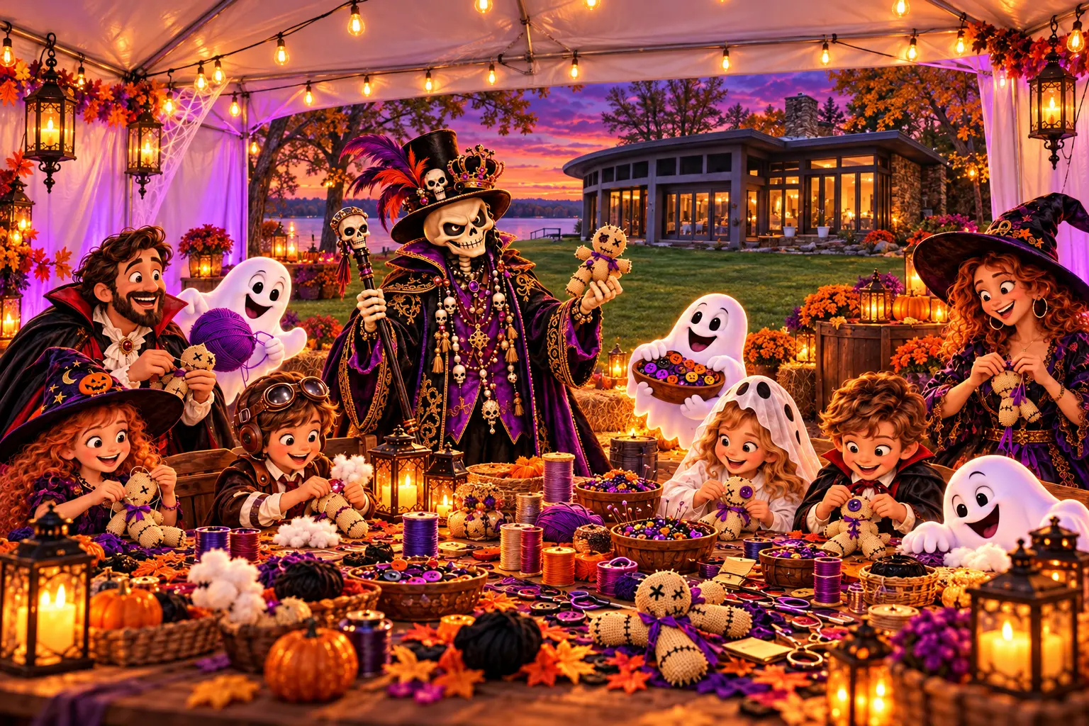 Inside a white party tent, the Realm’s crowned skeleton host supervises costumed adults, children, and friendly ghosts making stitched burlap dolls beside the lakeside house