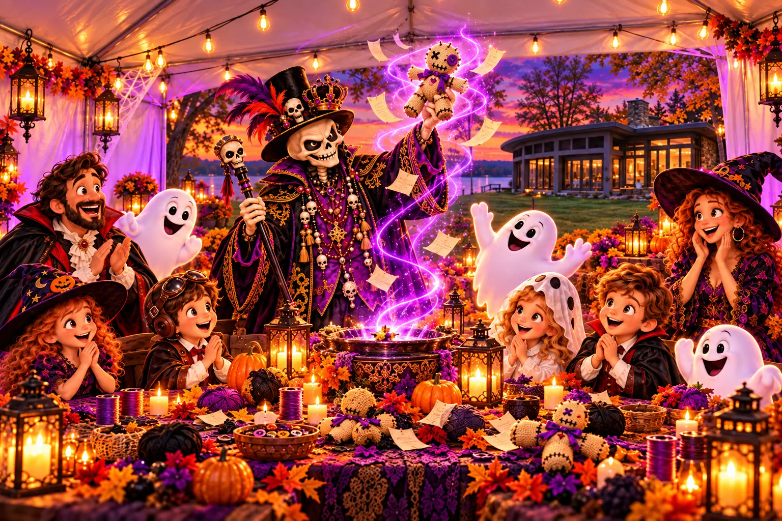 The crowned skeleton host raises a finished burlap doll above an altar as costumed families and friendly ghosts watch inside the white party tent