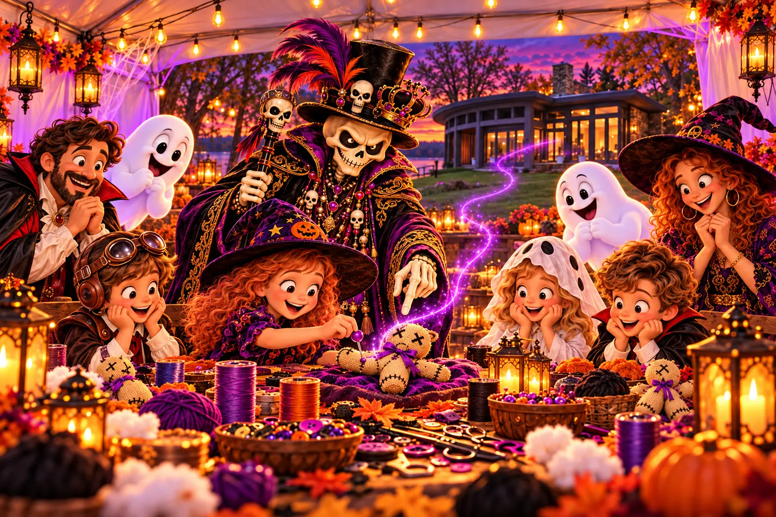 Inside the white party tent, a costumed child places a purple craft pin into a burlap doll’s foot while the crowned skeleton host and ghost friends watch solemnly