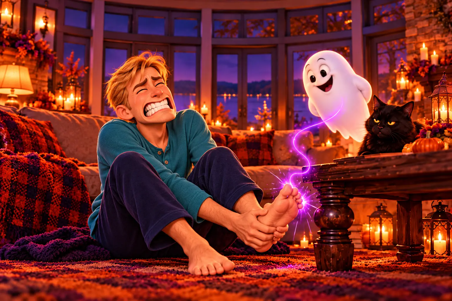A clean-shaven blond RSVP no-show sits on the floor clutching his painful bare foot beside a coffee table while a smiling ghost and unimpressed black cat watch