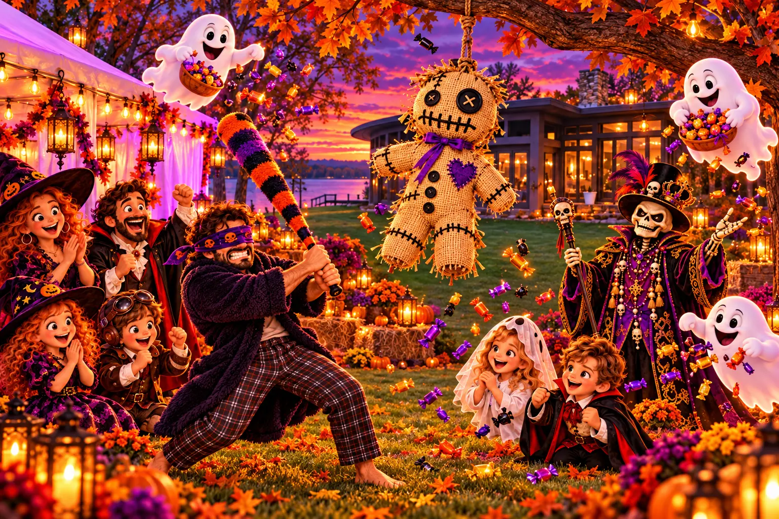 On the lawn beside the white tent and curved glass lakeside house, a blindfolded adult swings toward a burlap doll piñata while the Realm’s mascot, families, and ghosts cheer