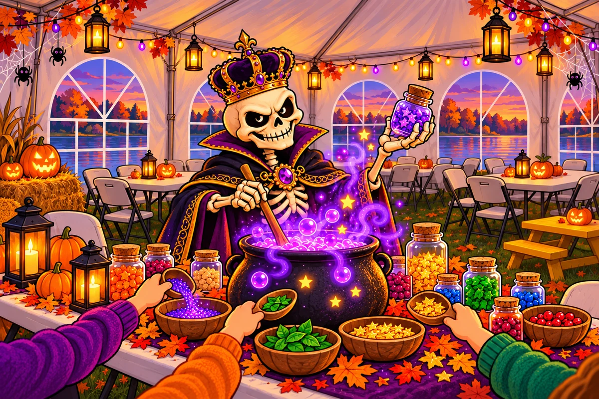 The Realm’s crowned skeleton host supervising potion making inside the white lakeside tent with glowing bottles and communal craft tables