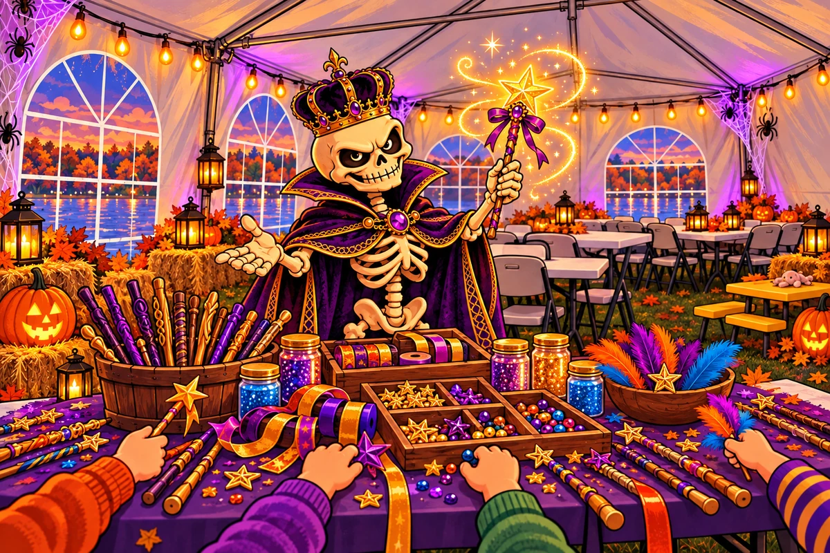 The Realm’s crowned skeleton host leading wand making inside the white lakeside tent with arched windows and communal craft tables