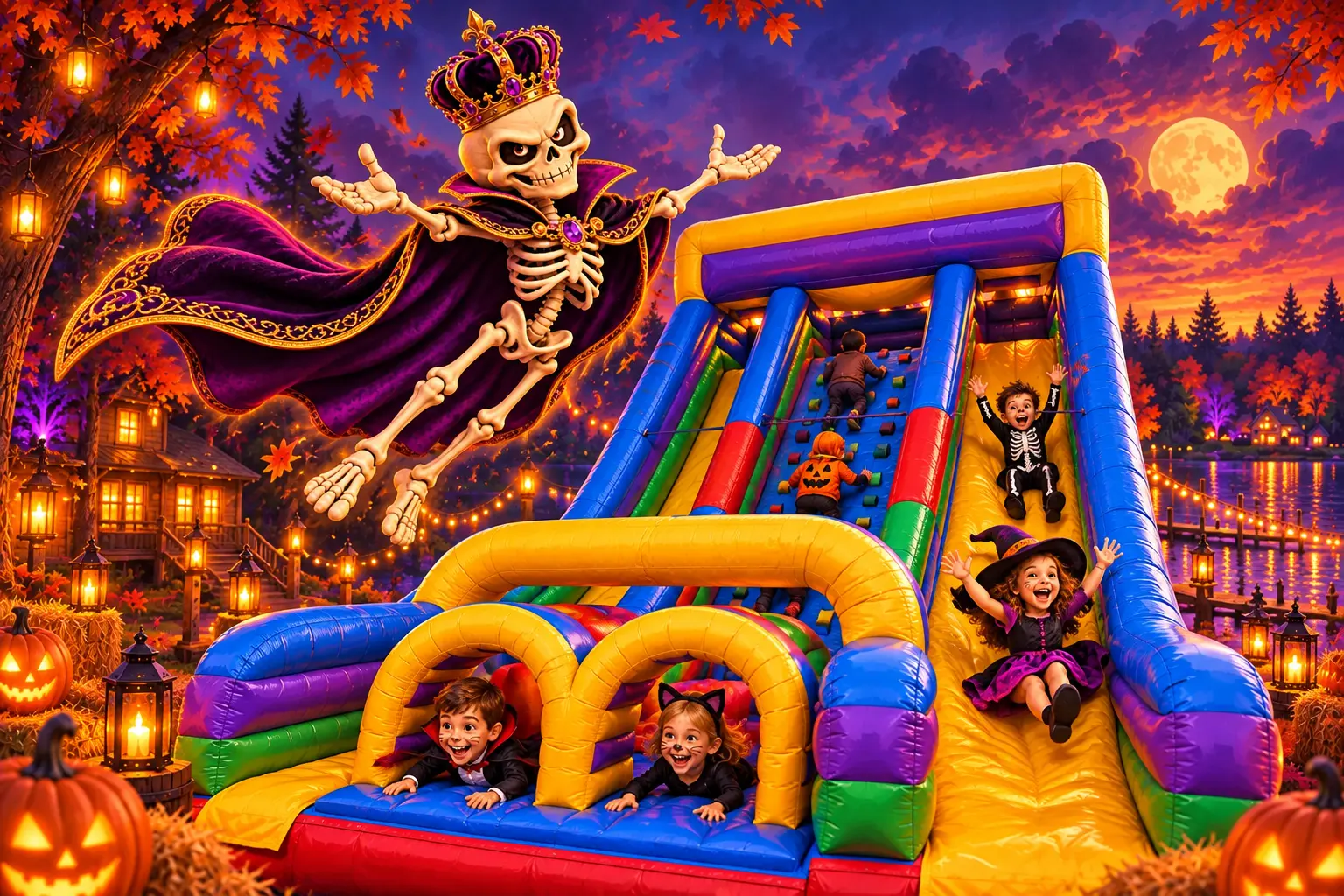 The Realm’s crowned skeleton host floating beside the Vertical Rush inflatable