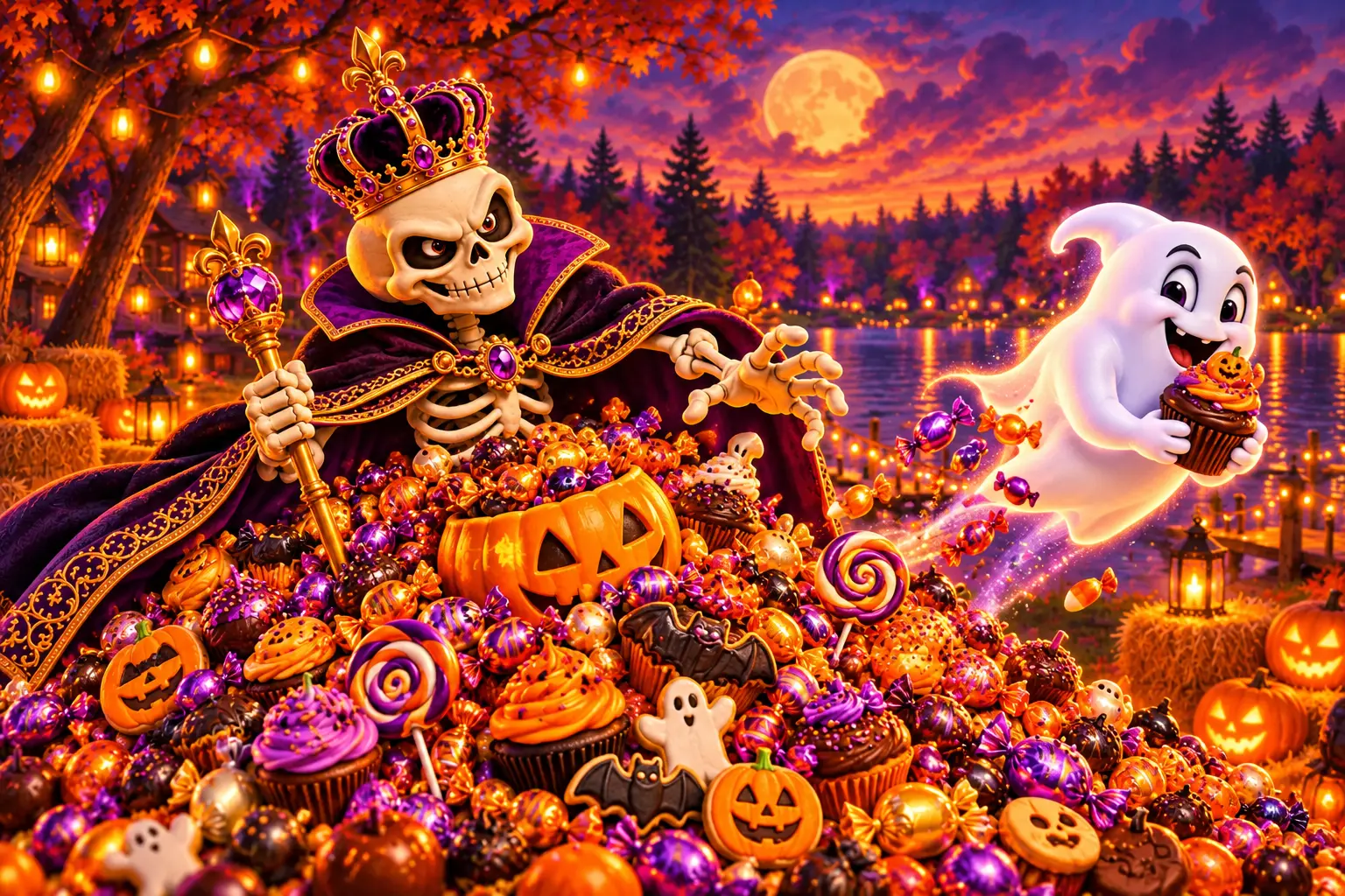 The Realm’s crowned skeleton host guarding a mountain of Halloween candy and desserts