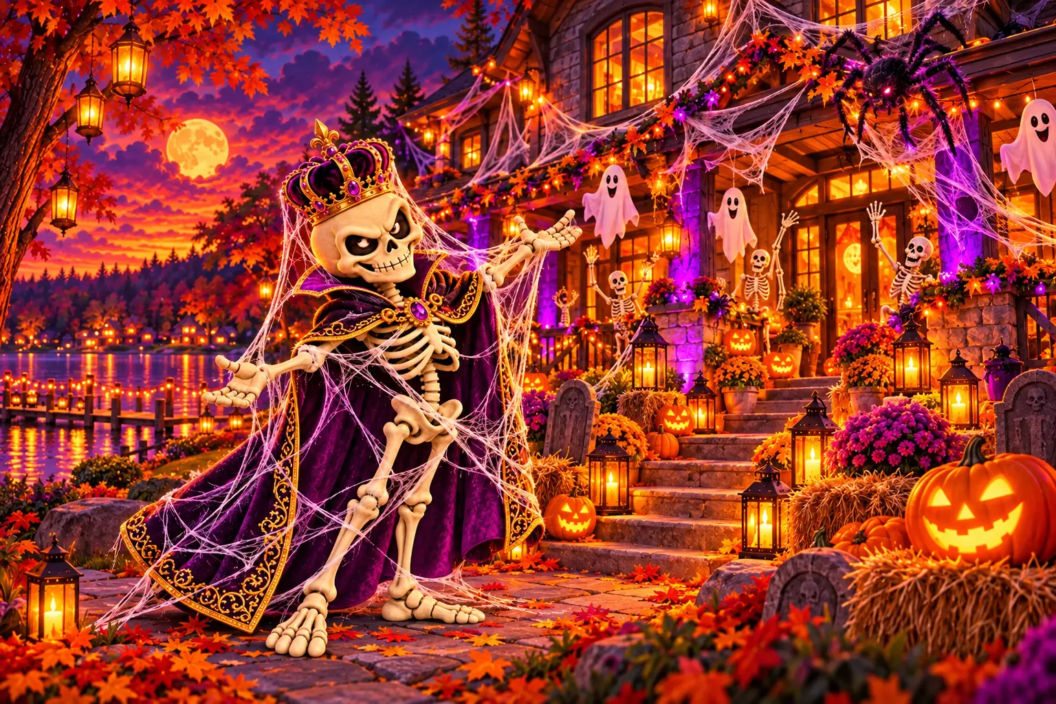 The Realm’s crowned skeleton host among pumpkins, lanterns, ghosts and cobwebs outside an illustrated haunted house