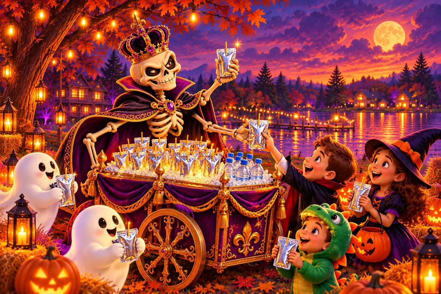 The Realm’s crowned skeleton host serving children’s drinks from a royal refreshment cart