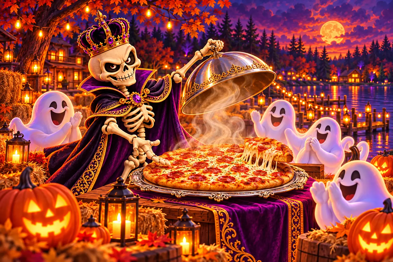 The Realm’s crowned skeleton host unveiling a giant pizza like the crown jewels