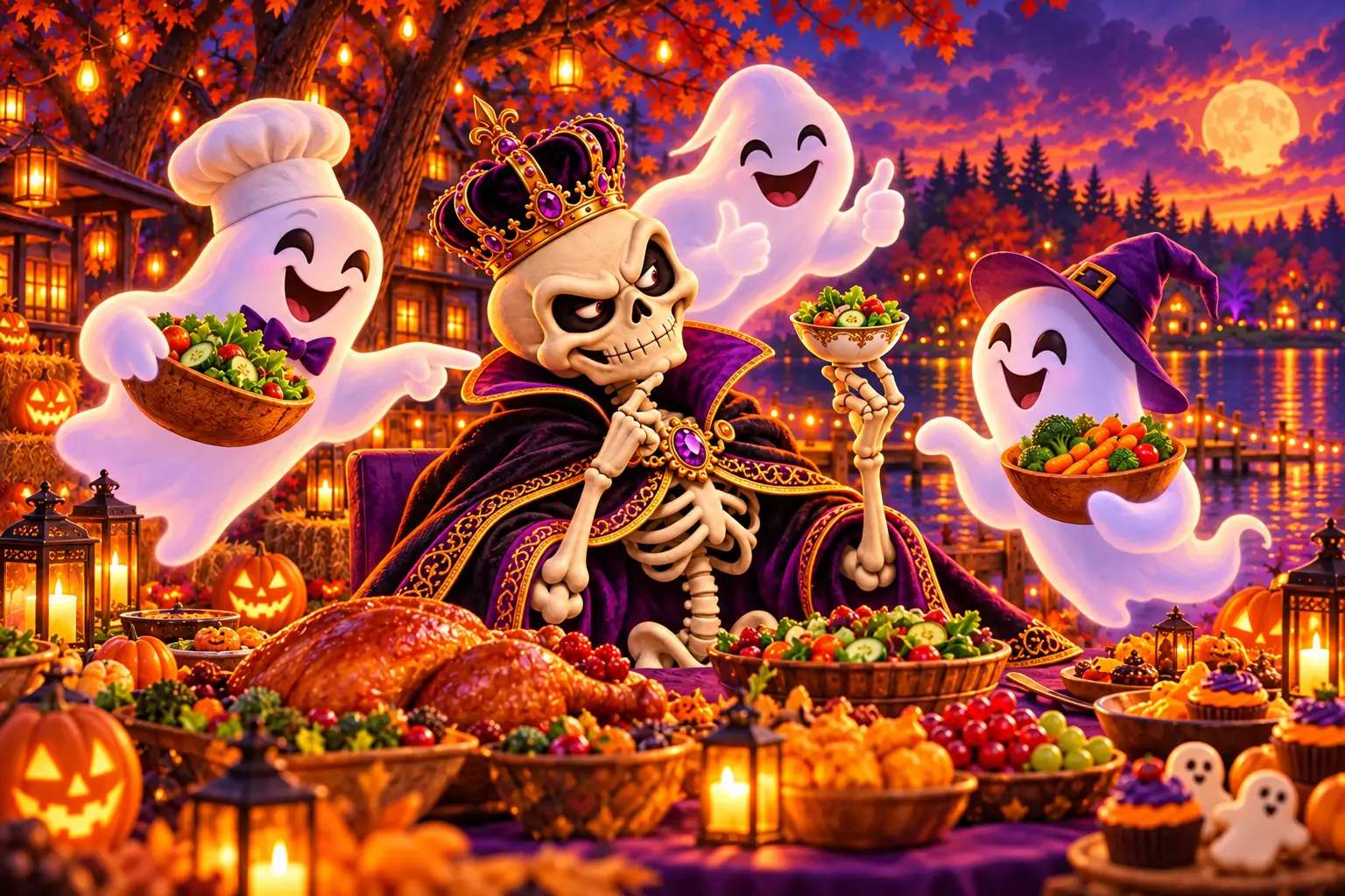 The Realm’s crowned skeleton host regarding a royal salad with comic suspicion