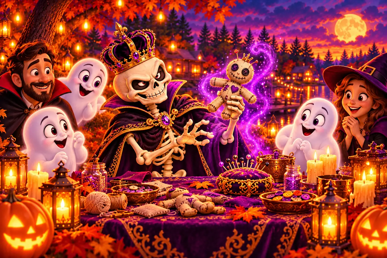 The Realm’s crowned skeleton host conducting a whimsical fictional voodoo-doll ceremony