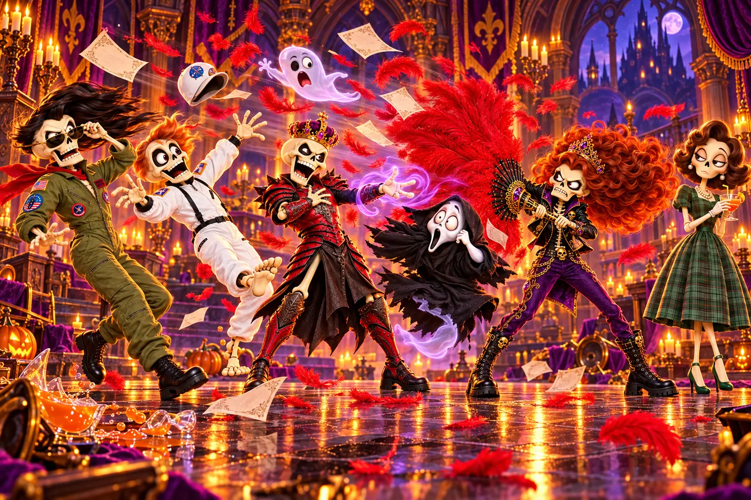 A disastrous Yankelove Realm group portrait: six cartoon characters in featured costumes battle a cursed blast from an enormous red feather fan
