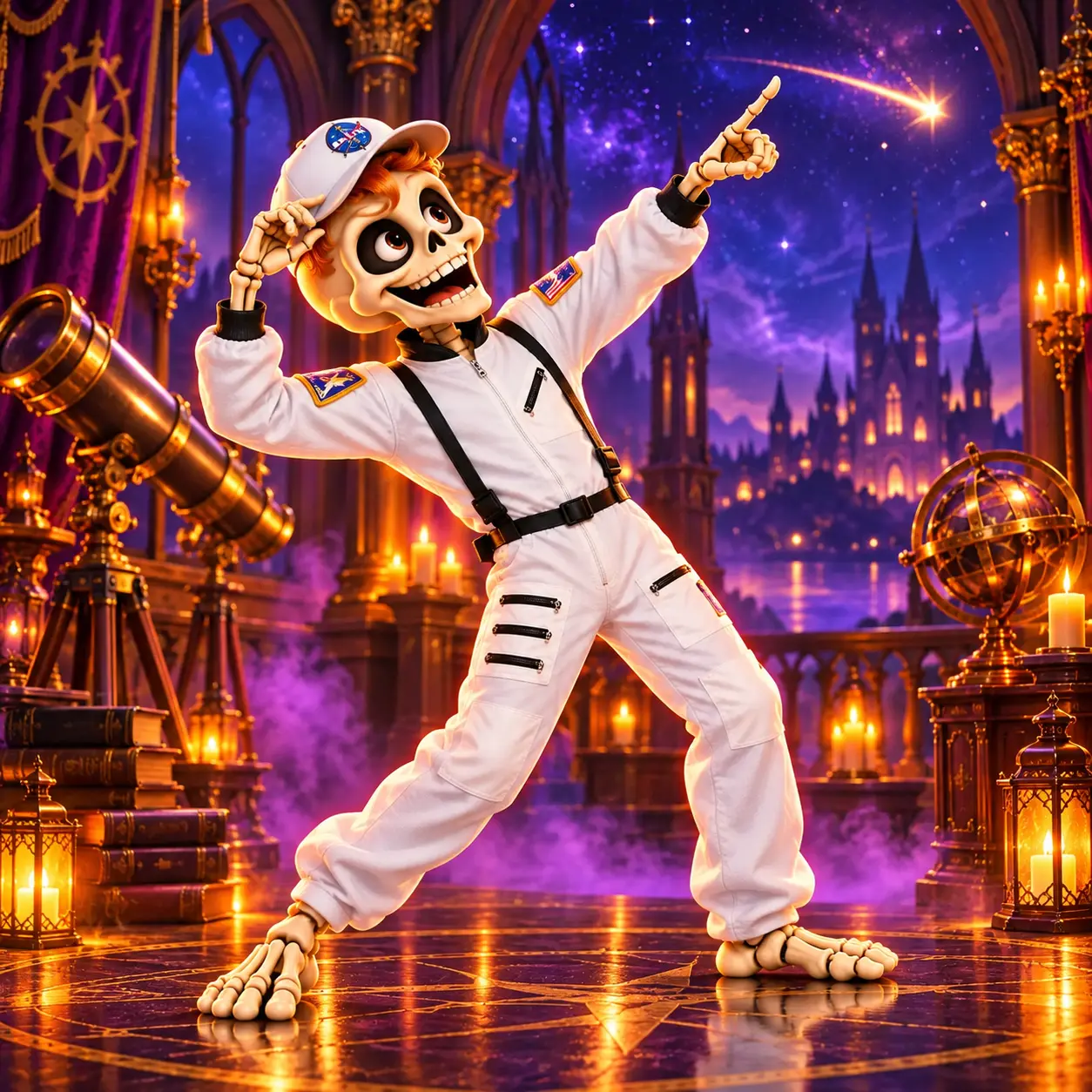 Classic White Astronaut Suit & Cap modeled by a Yankelove Realm skeleton mascot