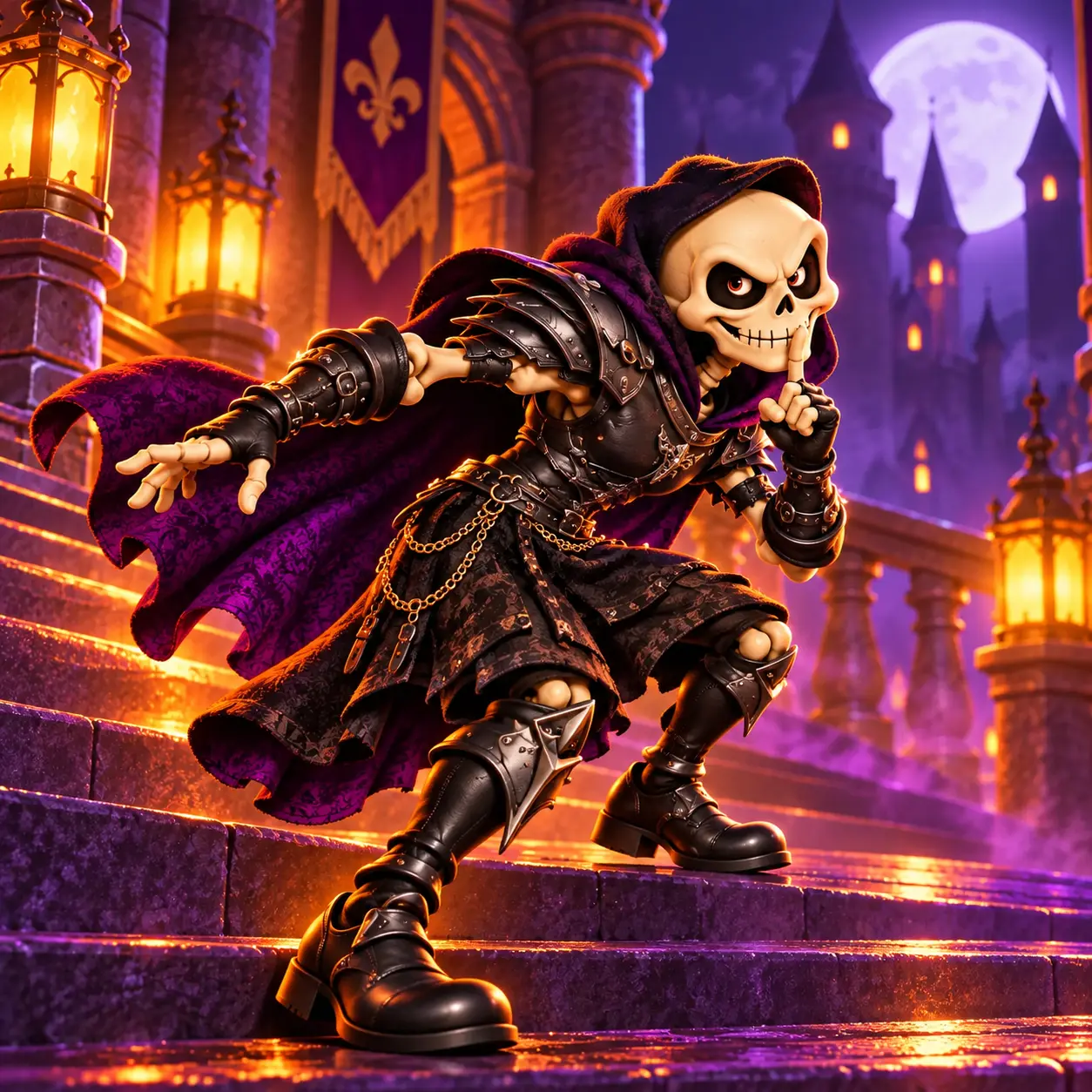 Dark Assassin Black Leather Armor Set modeled by a Yankelove Realm skeleton mascot