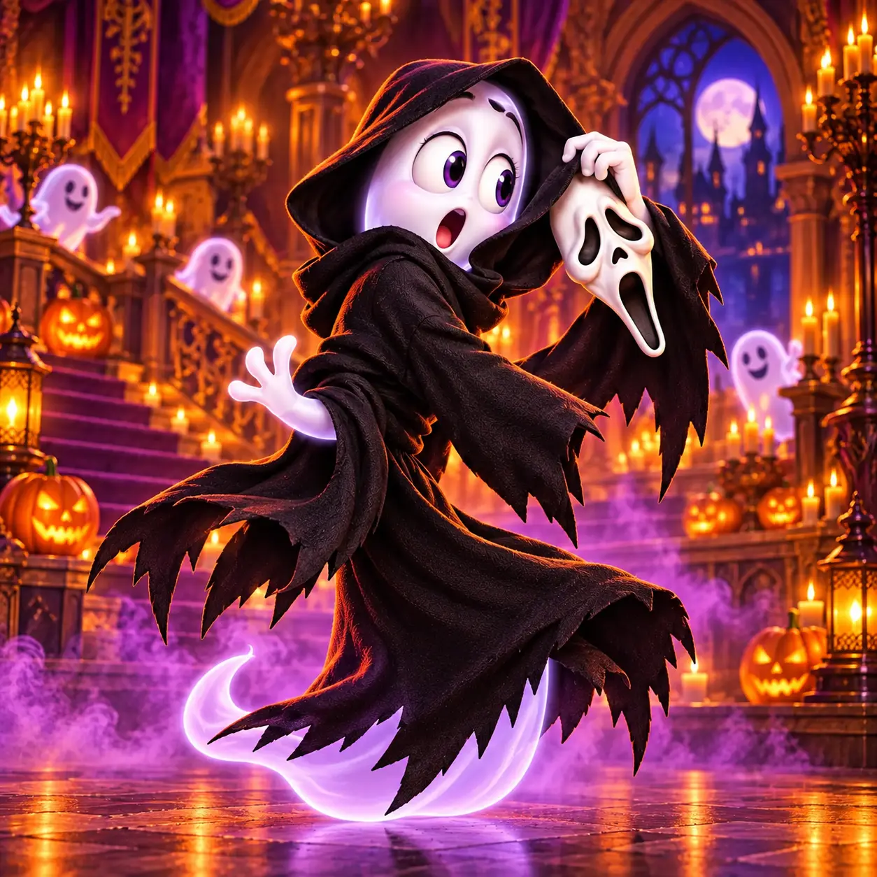 Classic Ghostface Adult Costume modeled by a Yankelove Realm skeleton mascot
