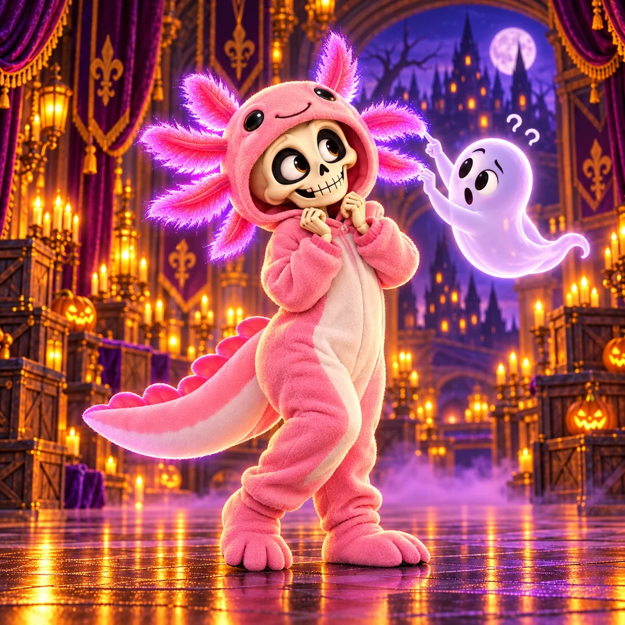 A little Realm skeleton in a pink axolotl onesie meets a ghost fascinated by its glowing gills