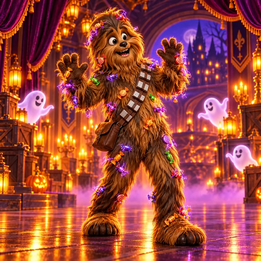 The Realm mascot in a shaggy brown Chewbacca suit and bandolier is covered in candy wrappers held by purple static magic