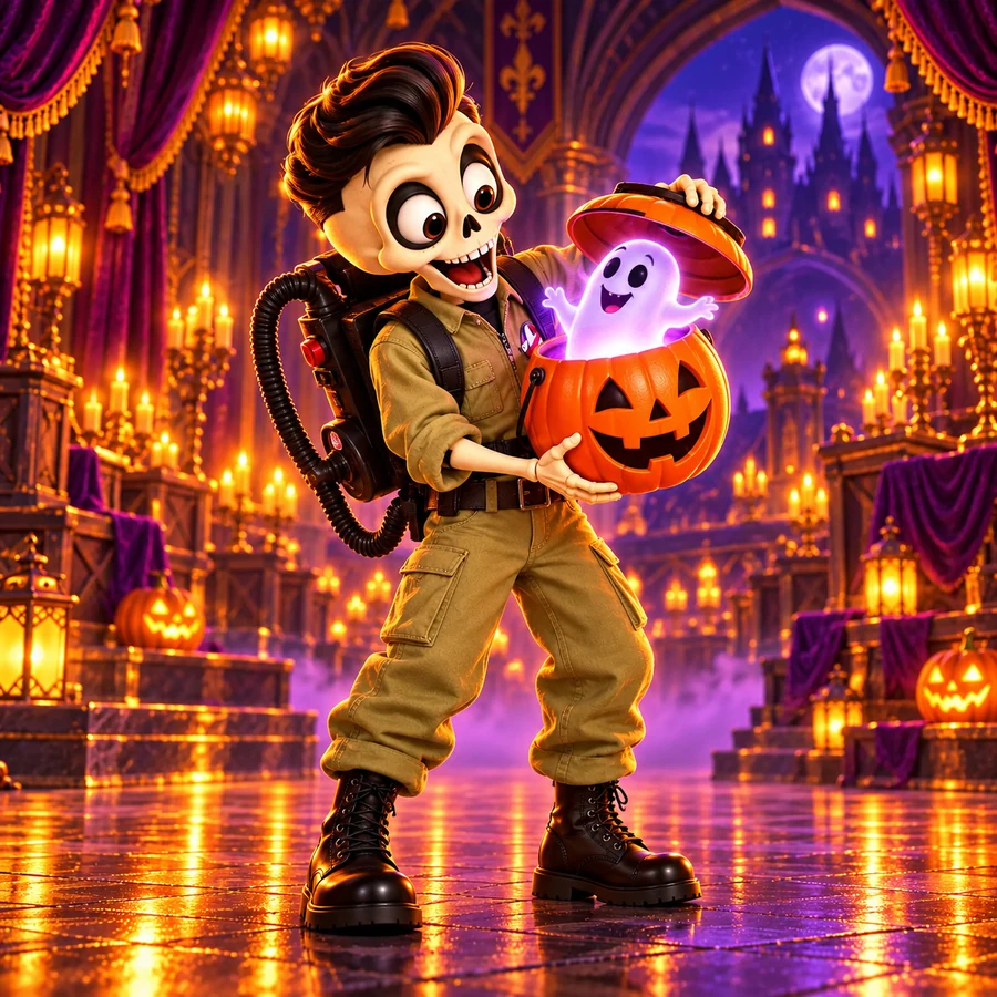 A little Realm skeleton in a khaki Ghostbusters jumpsuit discovers a friendly purple ghost in a treat bucket