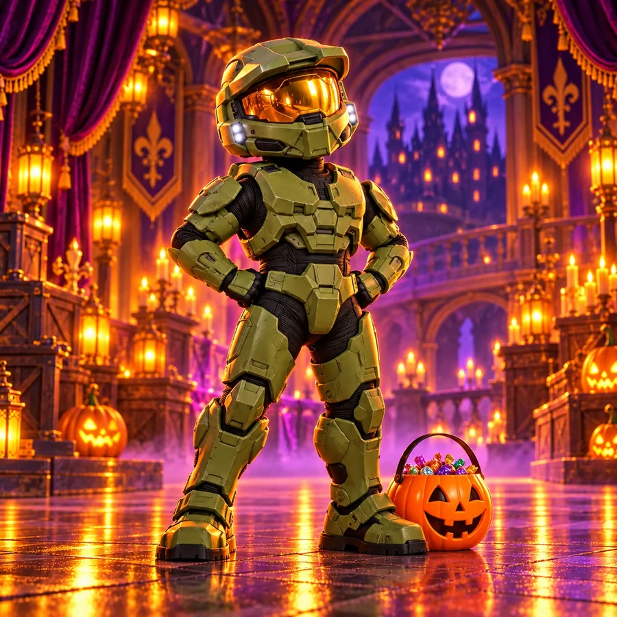 A little Realm mascot in olive Master Chief armor with a gold visor proudly guards a tiny Halloween candy bucket