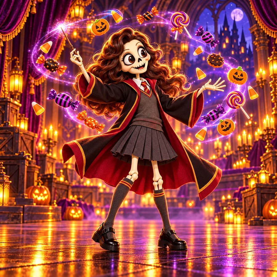 A little Realm skeleton in Hermione’s black Gryffindor robe makes Halloween sweets float with a wand