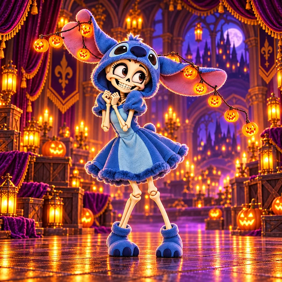 A little Realm skeleton in a blue Stitch hooded dress catches pumpkin lanterns with its enormous ears