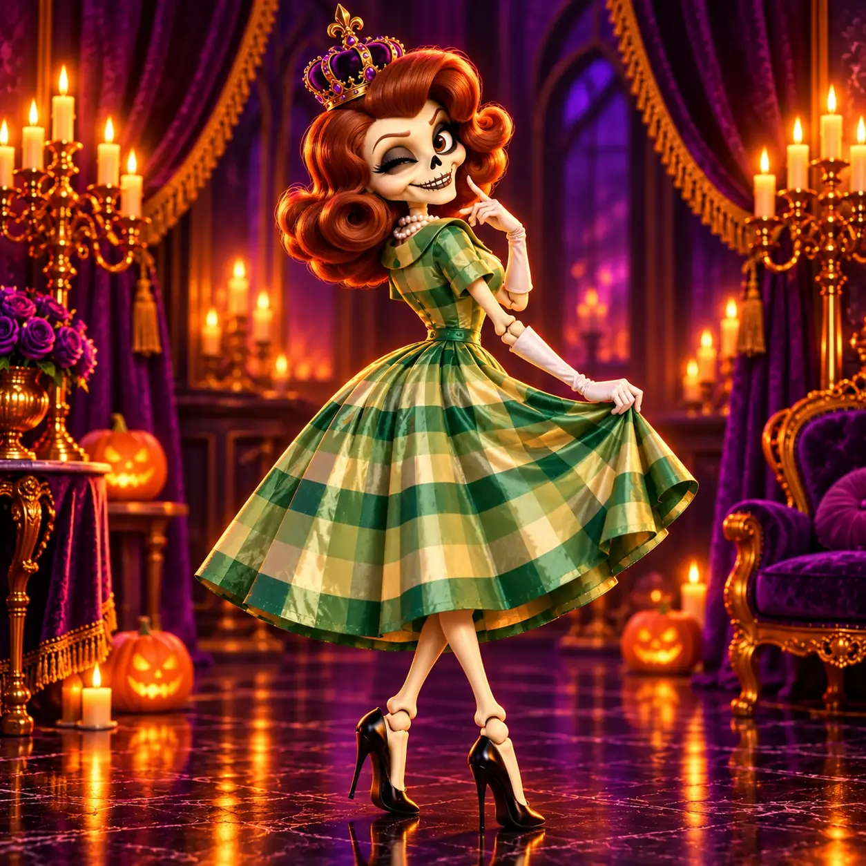 1950s Lady in Green Adult Costume modeled by a Yankelove Realm skeleton mascot