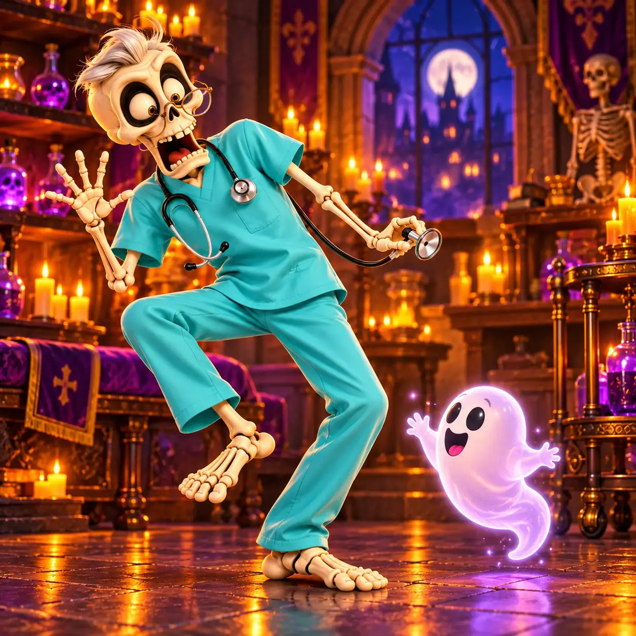 Turquoise Doctor Scrubs modeled by a Yankelove Realm skeleton mascot