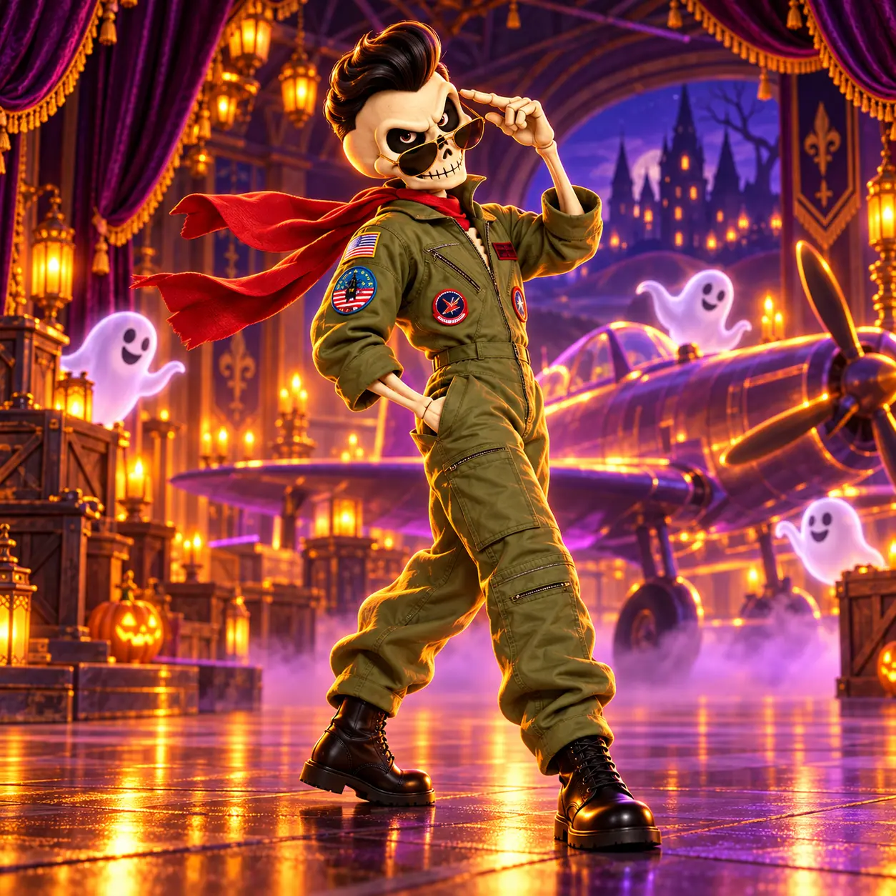 Top Gun Fighter Pilot Flight Suit modeled by a Yankelove Realm skeleton mascot