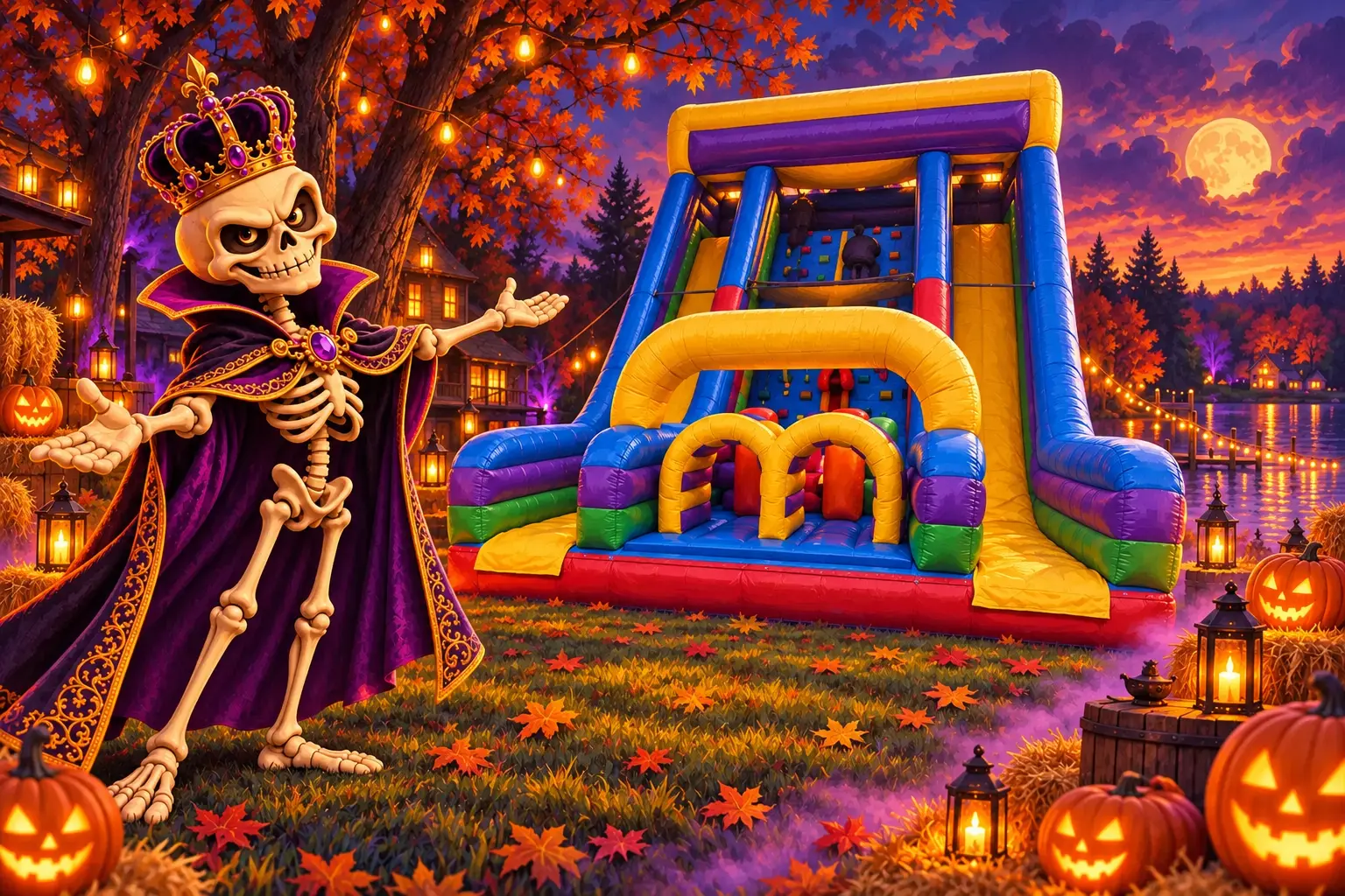 The Realm’s crowned skeleton host presenting a painted storybook version of the Vertical Rush attraction
